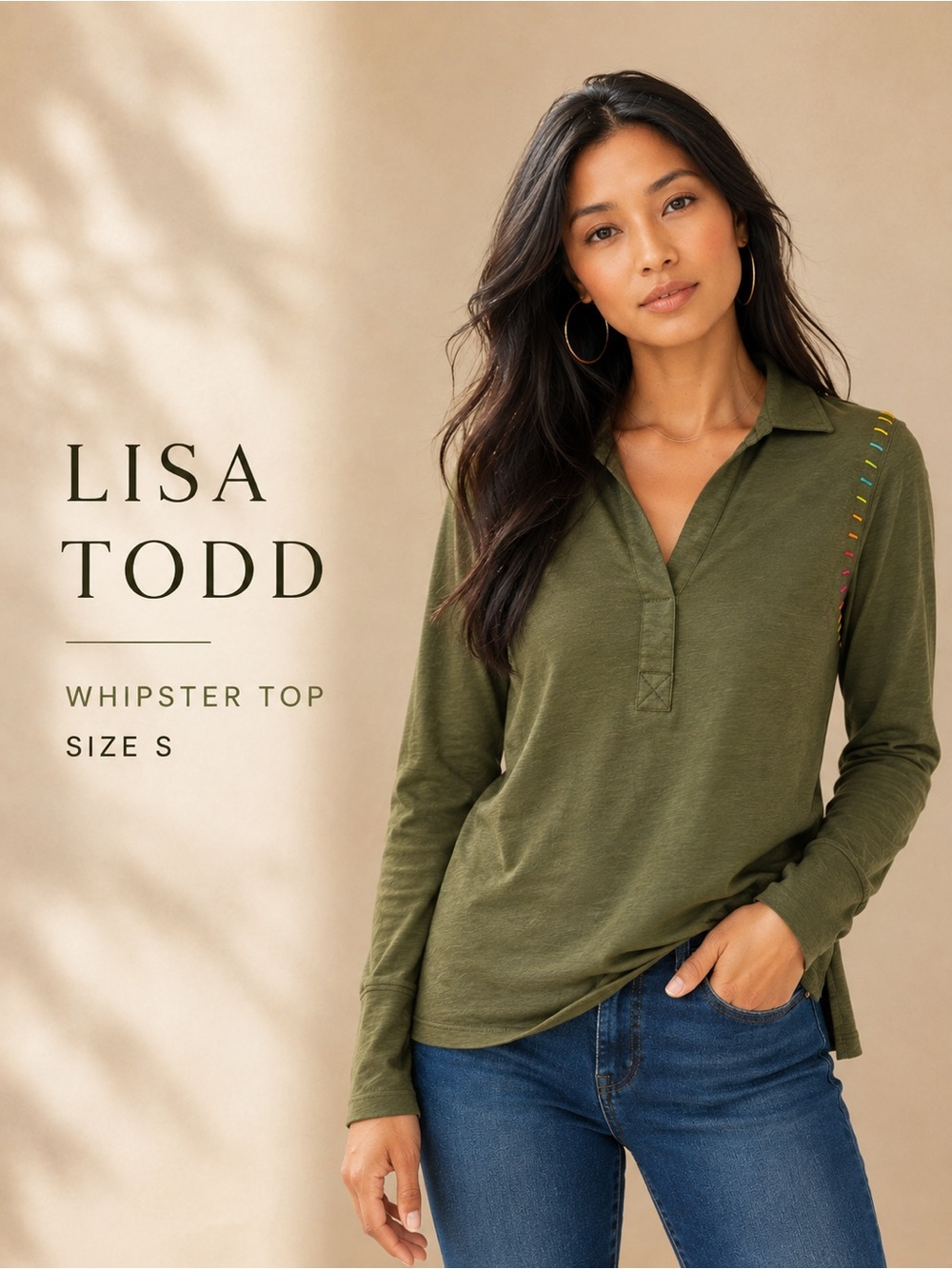 Lisa Todd Whipster Top Green Rainbow Stitch Long Sleeve Size S